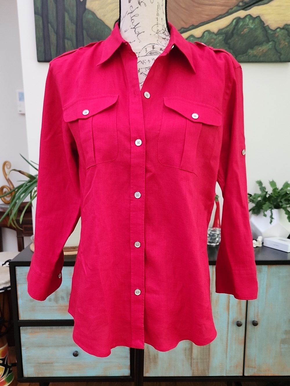 Chaps 100% Linen Red Utility Button Down Top Roll Tab Sleeve